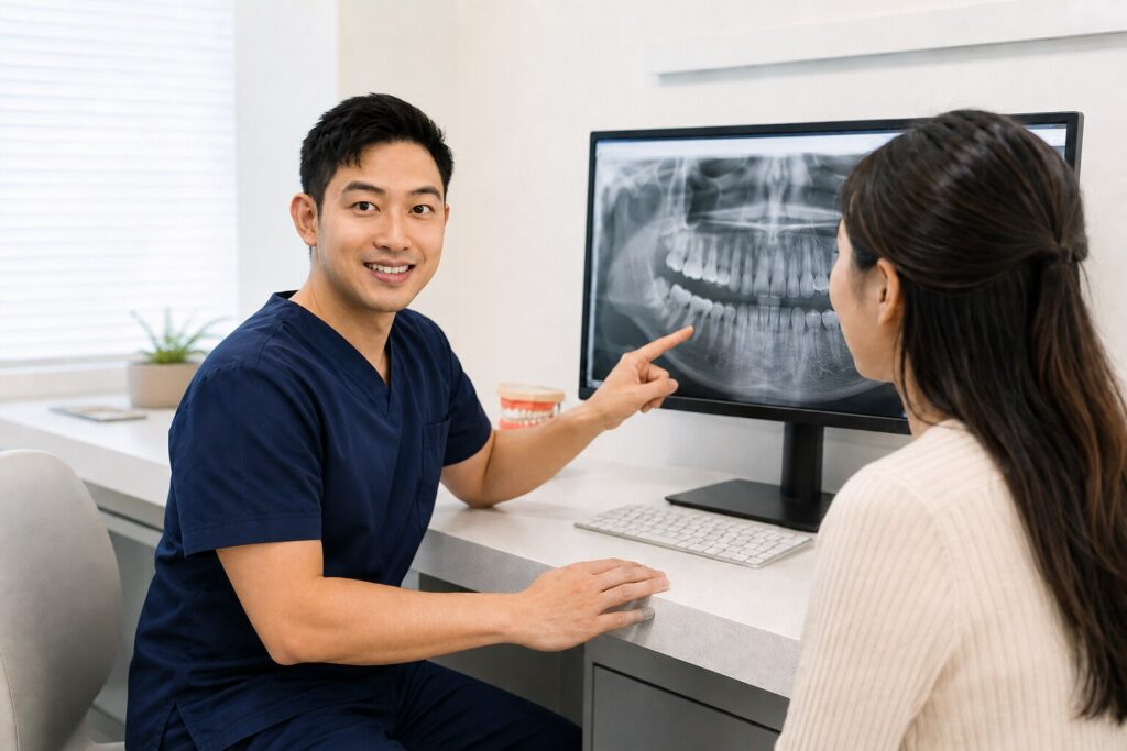 Dr Mike Teoh explaining a dental X-ray and treatment considerations to a patient
