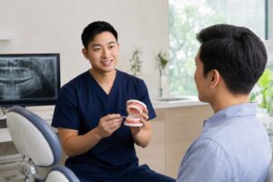 Dr Mike Teoh discussing dental care with a patient using a dental model