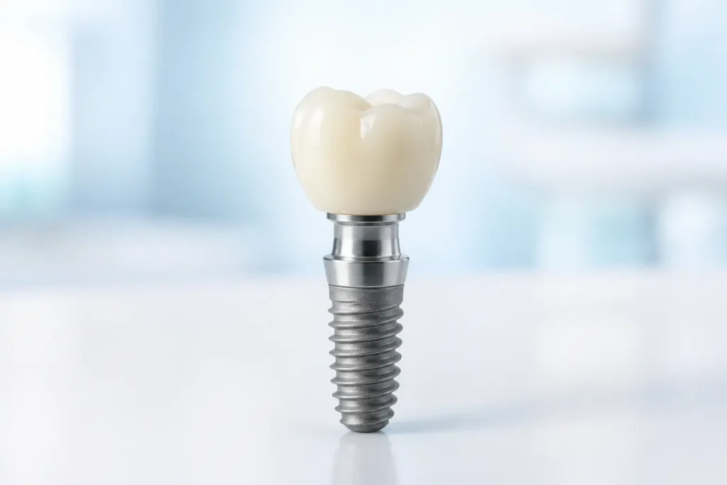 Dental implant with titanium fixture, abutment and ceramic crown