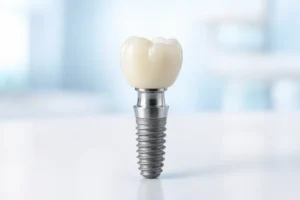 Dental implant with titanium fixture, abutment and ceramic crown