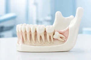 Dental model showing a horizontally impacted lower wisdom tooth