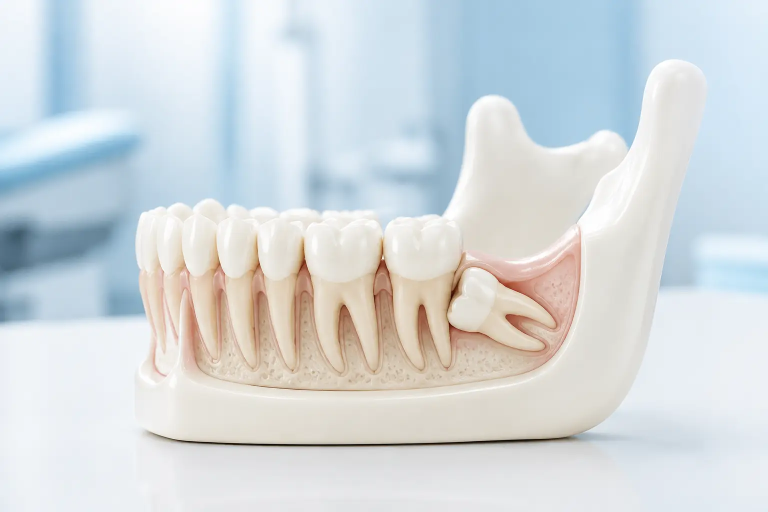 Dental model showing a horizontally impacted lower wisdom tooth