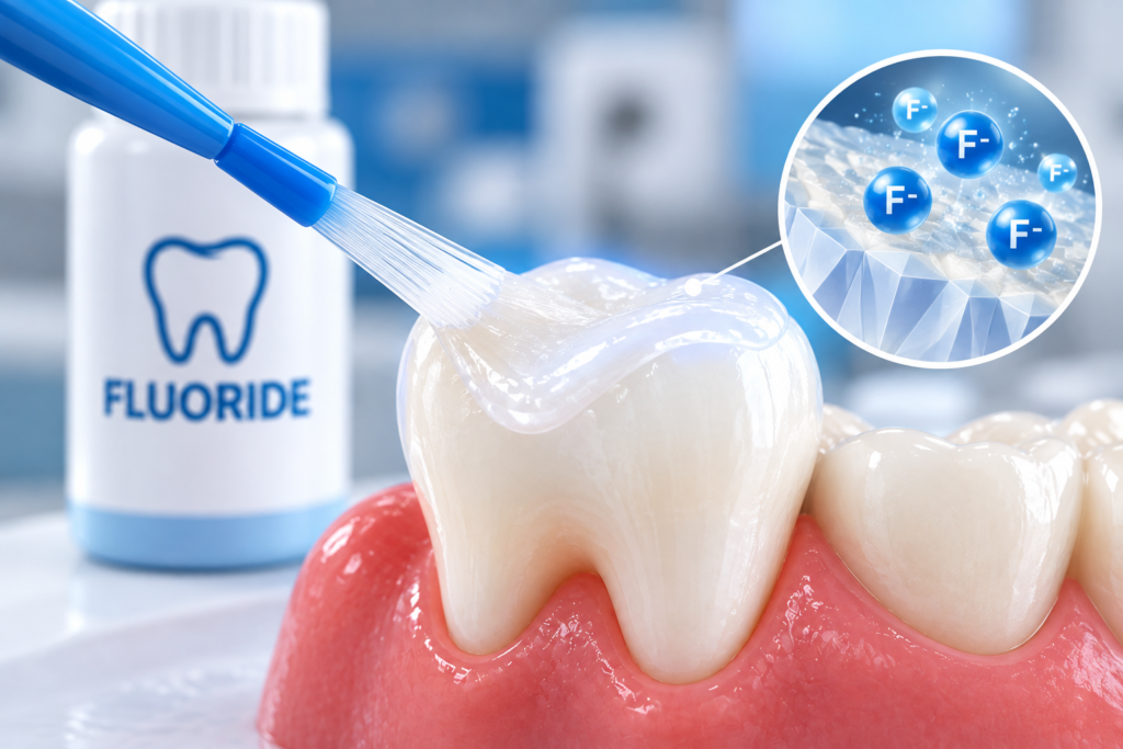 Topical fluoride application to a tooth with fluoride ions illustrating enamel strengthening