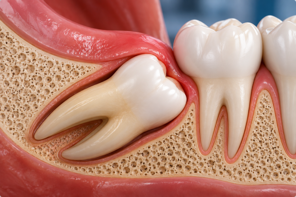 Horizontally impacted lower wisdom tooth pressing against the adjacent molar
