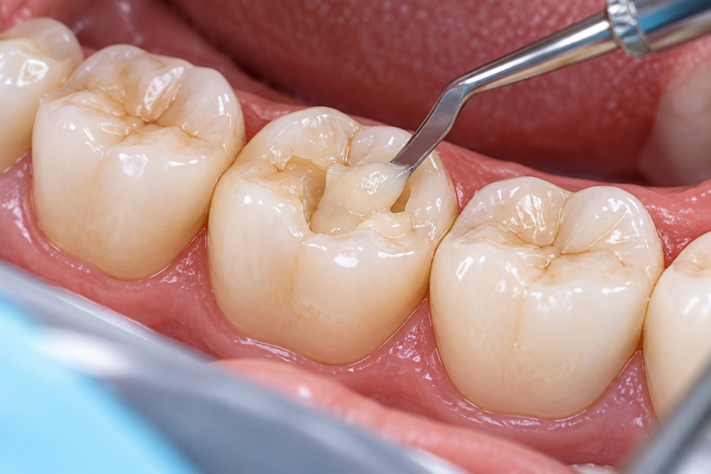 Tooth-coloured dental filling being placed into a molar cavity