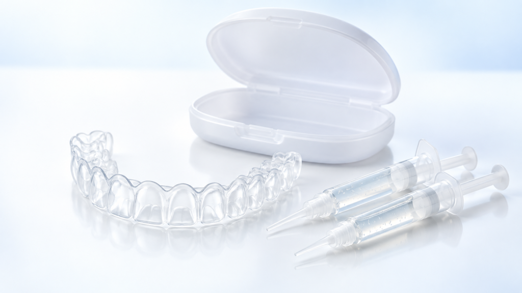 Custom tooth-whitening bleaching tray with dispensing syringes and storage case