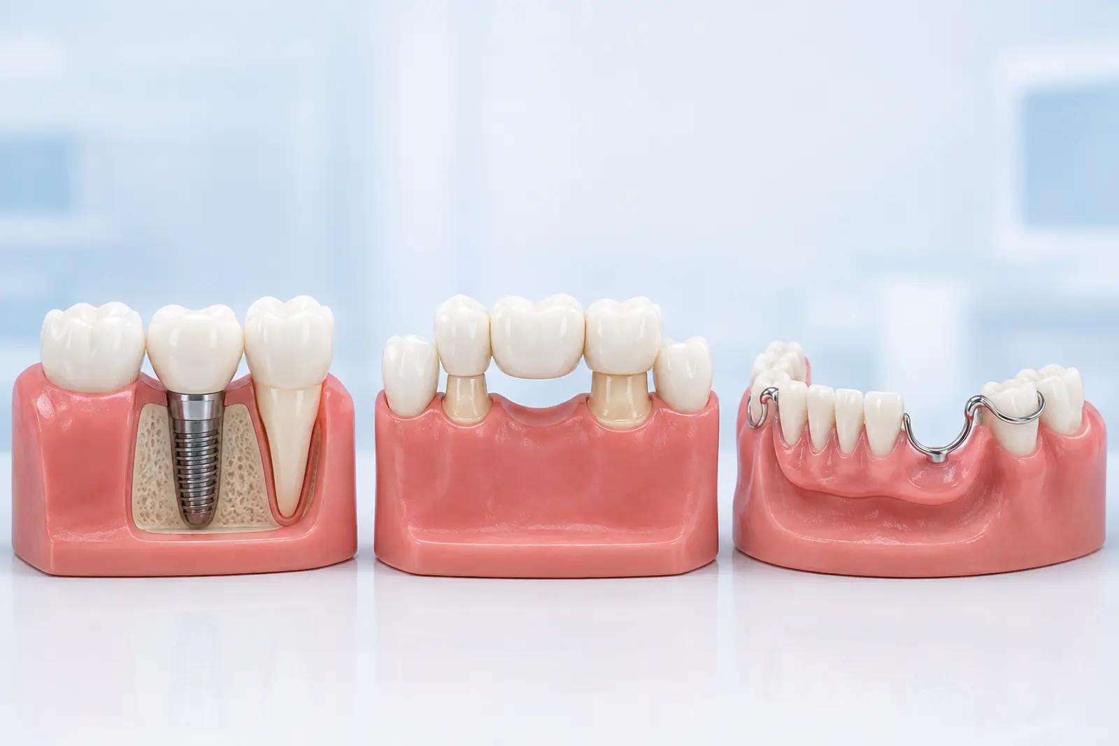 Comparison of a single dental implant crown, a conventional tooth-supported bridge and a removable partial denture