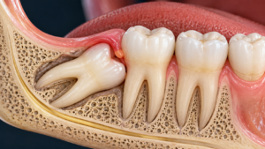 3D medical illustration of a horizontally impacted lower wisdom tooth beside the second molar