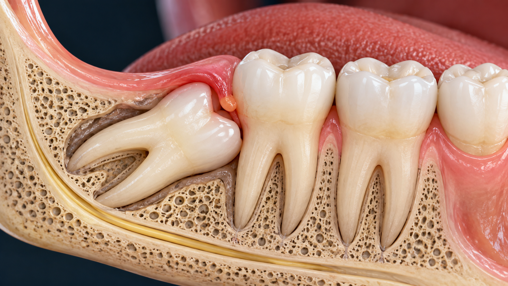 3D medical illustration of a horizontally impacted lower wisdom tooth beside the second molar