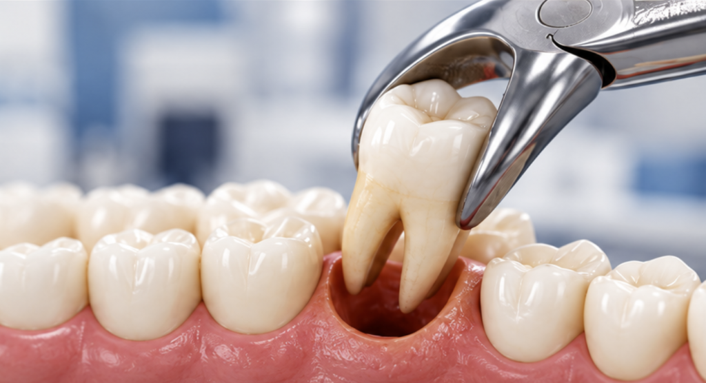 Molar tooth being removed with dental forceps during a tooth extraction