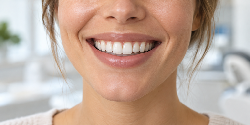 Natural-looking smile with porcelain veneers on the upper front teeth