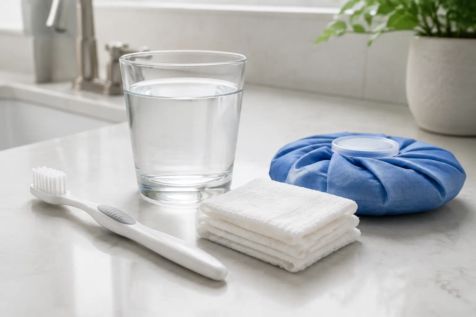 Soft toothbrush, warm salt water, clean gauze and a wrapped cold pack for postoperative oral care
