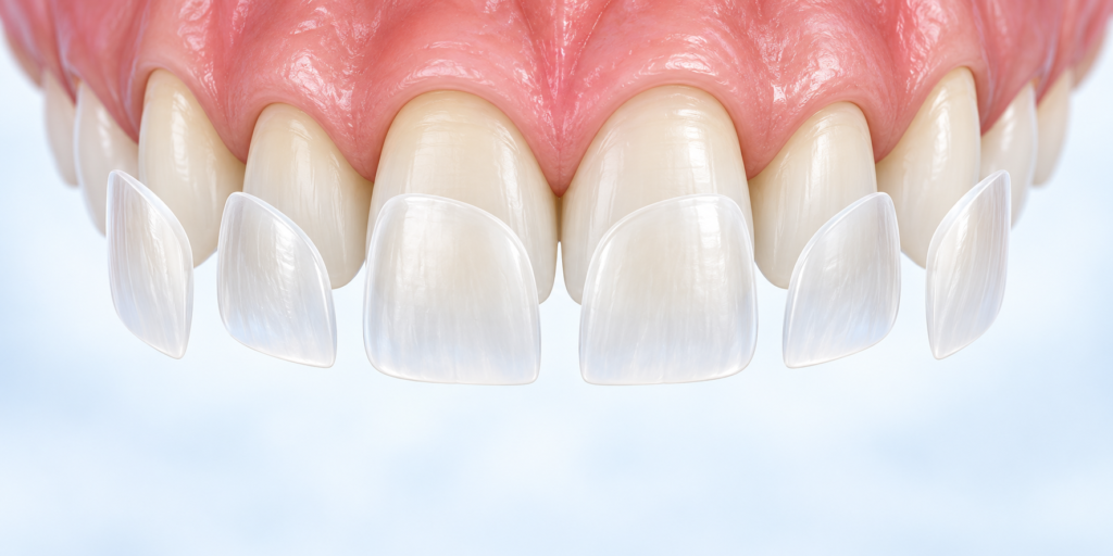 Thin porcelain veneers positioned over the front surfaces of upper anterior teeth