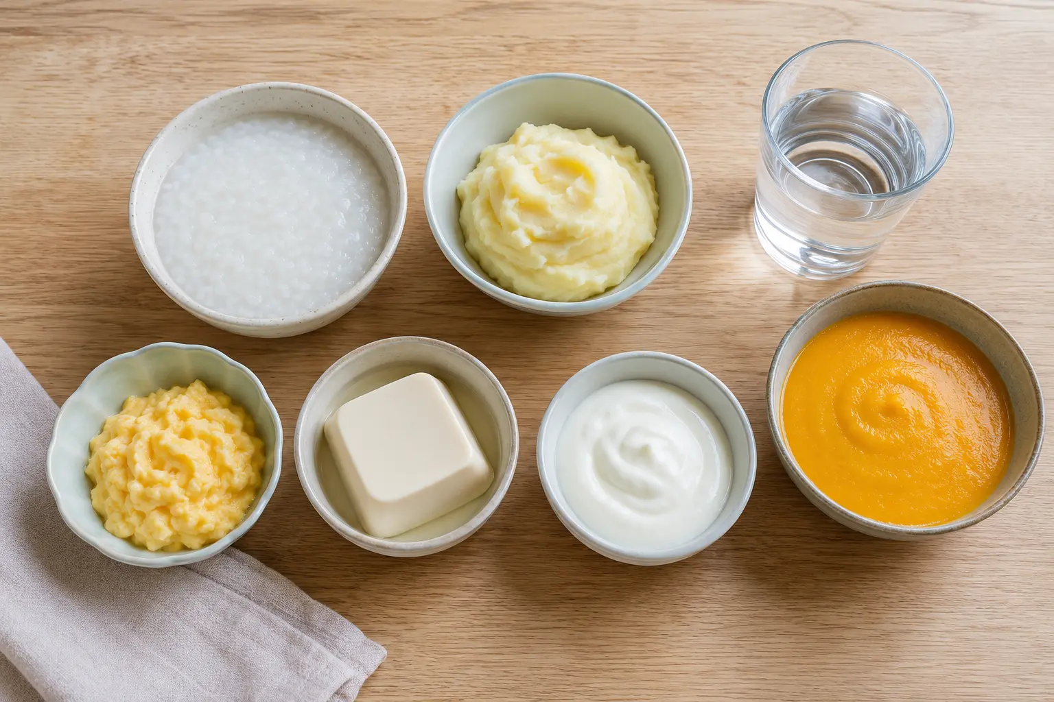 Soft foods including congee, mashed potato, scrambled egg, tofu, yoghurt and soup for wisdom tooth recovery