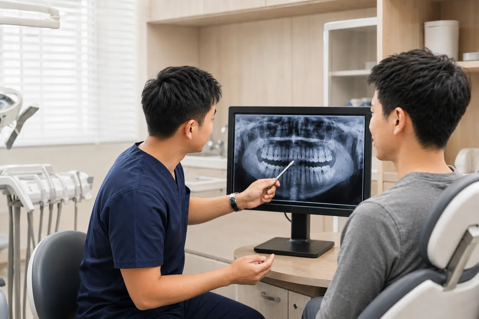Dr Mike Teoh discussing a panoramic dental X-ray with a patient during a wisdom tooth consultation