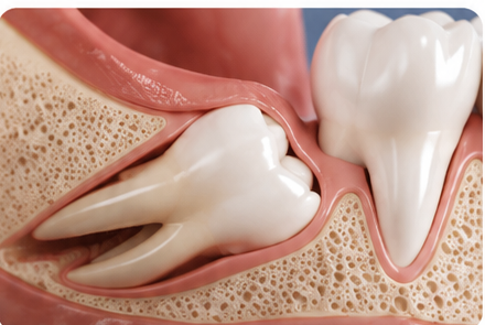 Impacted lower wisdom tooth positioned against the adjacent molar
