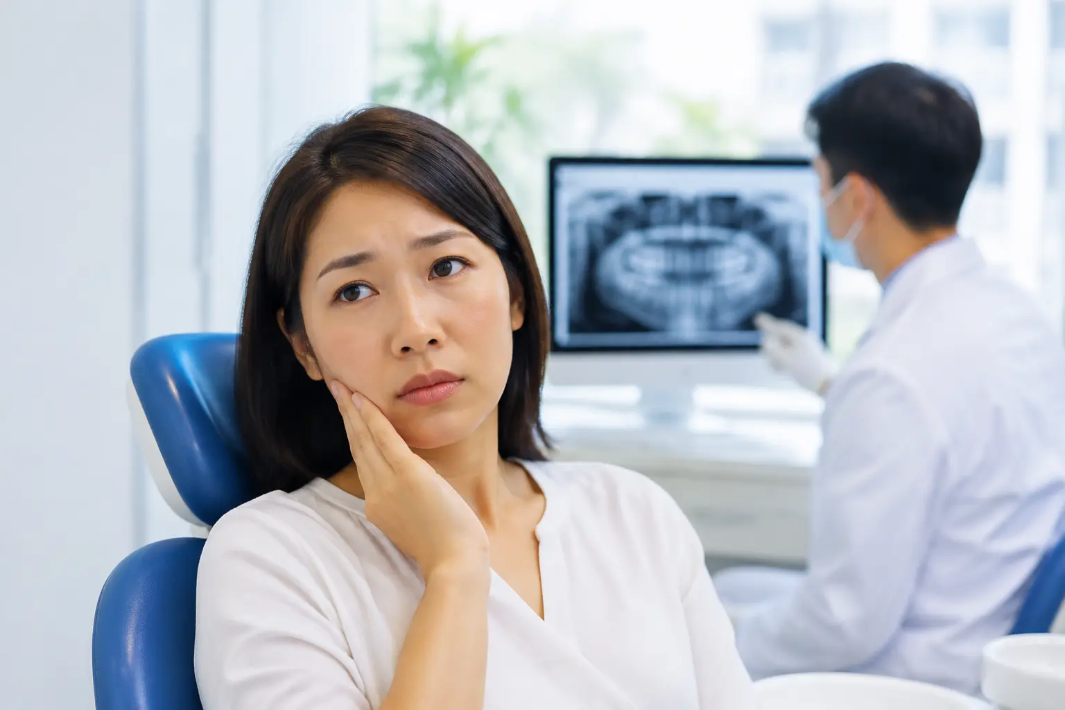Patient experiencing lower jaw discomfort while a dentist reviews a panoramic dental X-ray