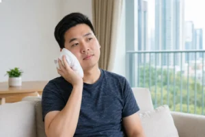 Patient applying a wrapped cold pack to the cheek during early recovery after wisdom tooth surgery