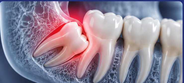 Impacted wisdom tooth beside adjacent molars in the lower jaw